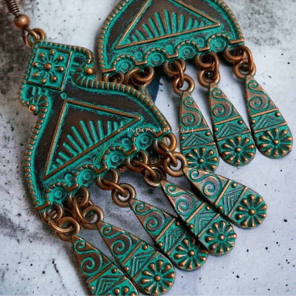 New Boho Gypsy Turquoise Patina Chandelier Earrings - Picture 2 of 3